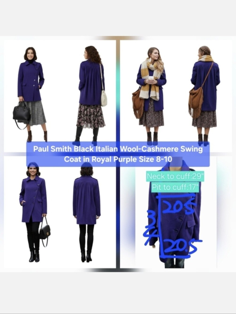 Paul Smith Black Italian Wool-Cashmere Swing Coat in Royal Purple Size 8-10
